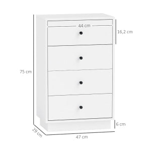 Cassettiera con 4 cassetti in pannello truciolare bianca con maniglie nere per camera e ingresso 47 × 29 × 75 cm
