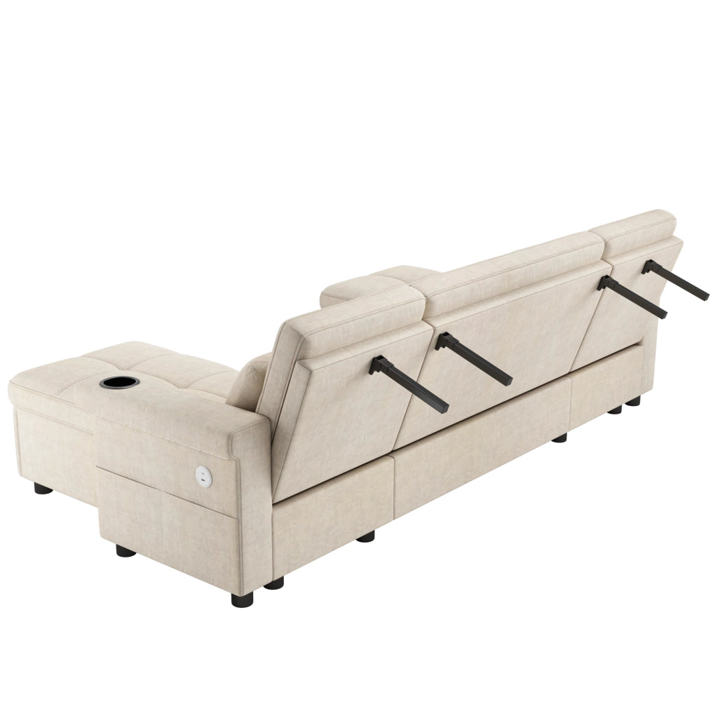 Divano angolare convertibile a U 268;5x141;5x90 cm; divano letto con 2 chaise longue di contenitore; LED; USB e Type-C; ciniglia; beige