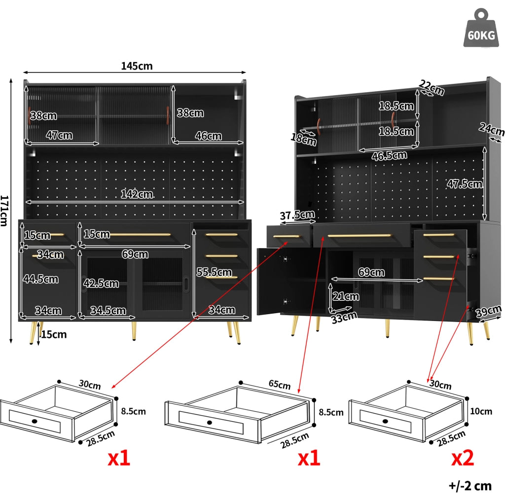Credenza alta 145x39x171 cm in MDF, vetro e metallo nero con LED