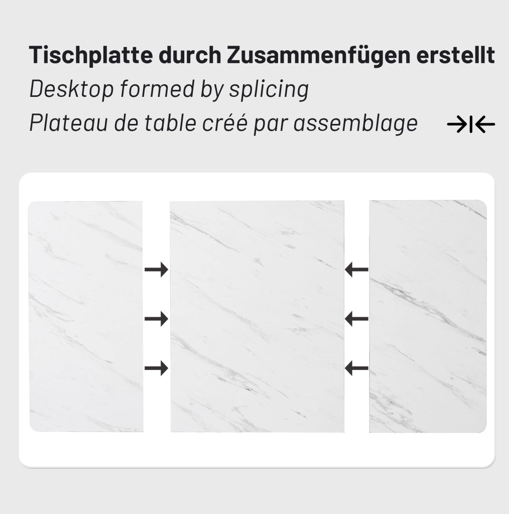 Set tavolo da pranzo 140x80 cm con 4 sedie in velluto; piano MDF bianco effetto marmo