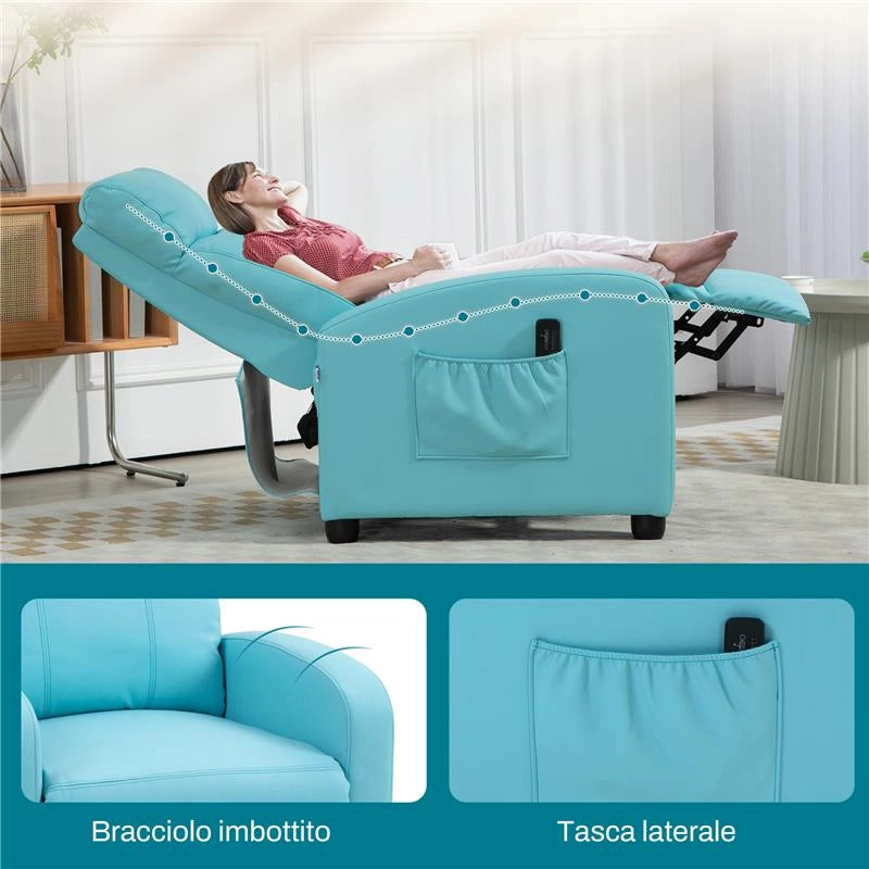 POLTRONA RELAX MASSAGGIANTE CON TELECOMANDO E 8 PROGRAMMI, RECLINAZIONE E POGGIAPIEDI, AZZURRO