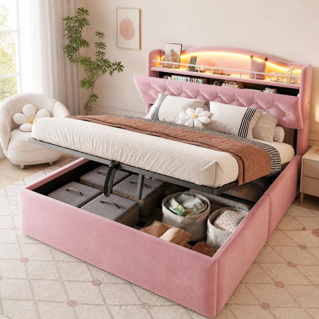 Letto contenitore 140 × 200 cm con sollevamento idraulico testiera in velluto rosa LED USB e USB-C struttura metallica
