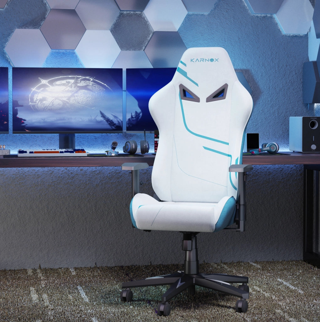 Sedia gaming ULEVR in tessuto bianco e blu, schienale reclinabile 90¡ã-155¡ã, braccioli regolabili e supporto lombare