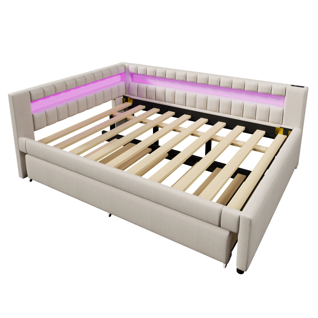 Letto divano estraibile 140 × 200 cm e 90 × 190 cm con LED; USB e porta tipo C; senza materasso; lino beige
