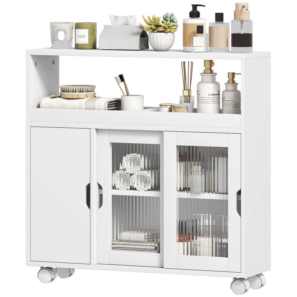 Mobile per Bagno a Rotelle in Legno con Spazio Aperto, Ripiani Regolabili e Ante in Vetro, 71x20x70 cm, Bianco