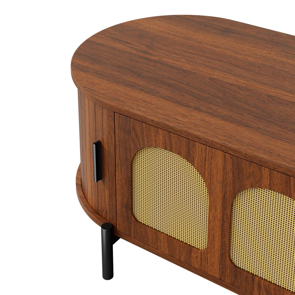 Tavolino basso fisso ovale con ante scorrevoli e anta in rattan MDF color noce con gambe in metallo 100 × 50 × 40 cm
