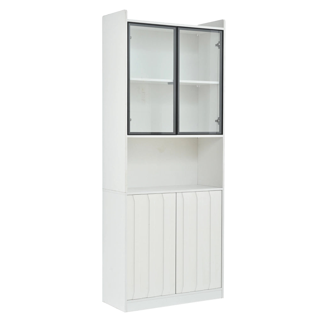 Vetrina con LED, 4 ante, 5 vani e ripiani regolabili per soggiorno e cucina in truciolare bianco, 80 × 35 × 200 cm