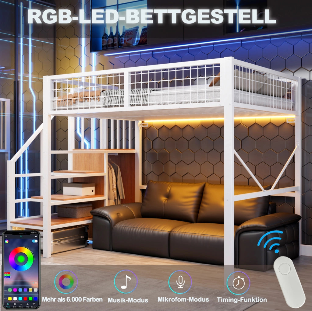 LETTO A Soppalco 140x200 cm Metallo e Legno Bianco con Scala Contenitore LED