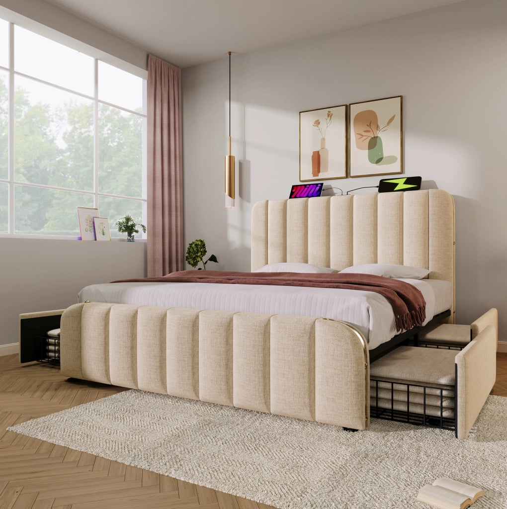 Letto matrimoniale imbottito 160x200 cm in lino beige con 4 cassetti; USB e Type-C