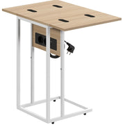 Tavolino pieghevole con stazione di ricarica USB, struttura in metallo bianco, piano in laminato effetto legno 39 x 29 x 57 cm