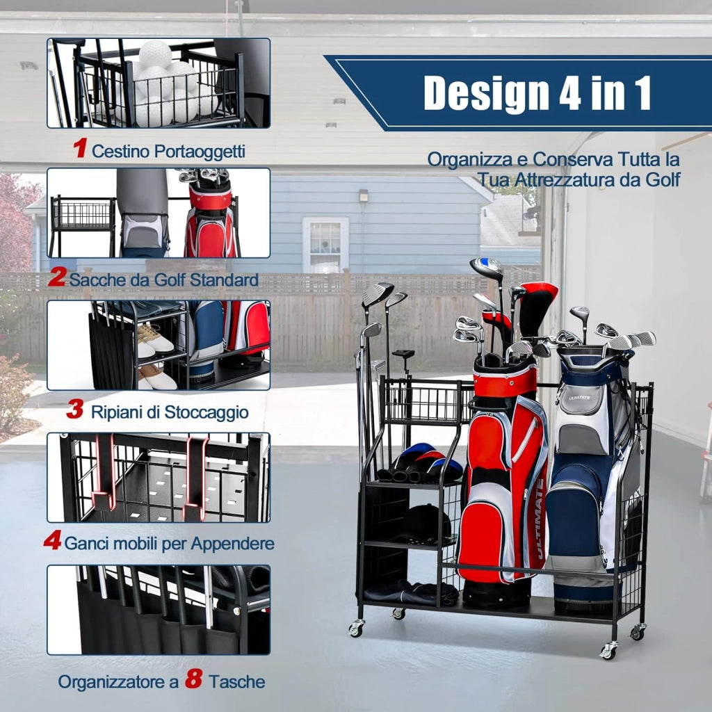 Organizer per Sacca da Golf per Garage, Carrello per 2 Borse da Golf con Ruote Bloccabili, Ganci e Tasche Porta Mazze da Golf, Organizer per Accessori da Golf e Attrezzature