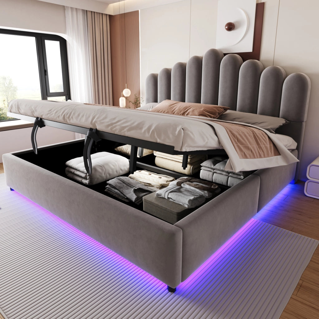 Letto contenitore 180x200 cm in velluto grigio con LED, senza materasso –