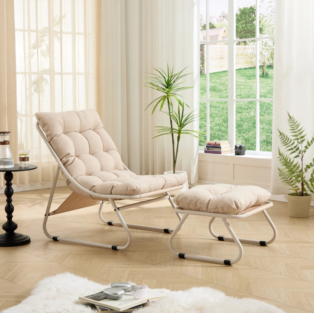 Sedia da Giardino con Poggiapiedi Beige, Poltrona Lounge con Cuscino Morbido e Struttura in Acciaio
