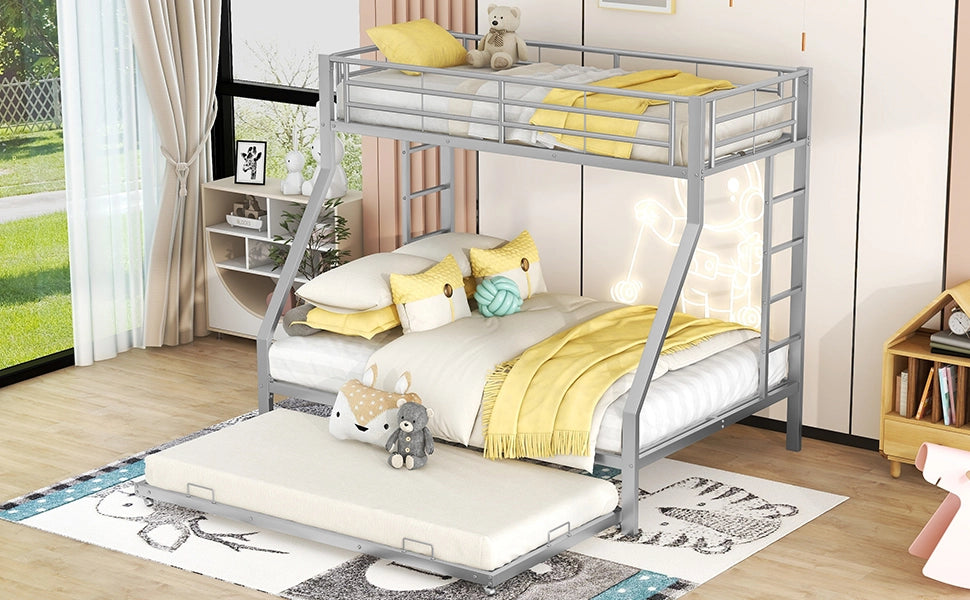 Letto a castello in metallo argento con letto estraibile e scale su entrambi i lati per bambini e ragazzi
