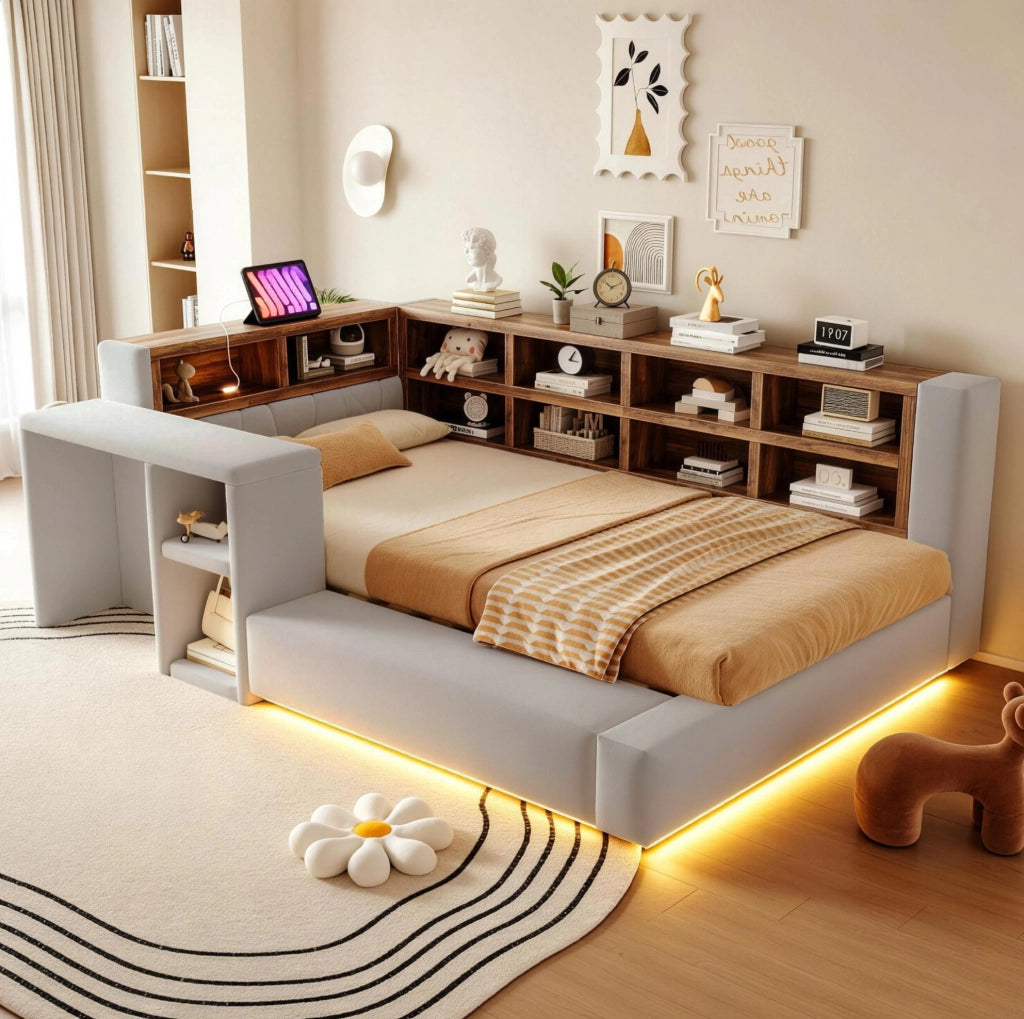 Letto imbottito 90 x 200 cm grigio chiaro con contenitori, LED e presa
