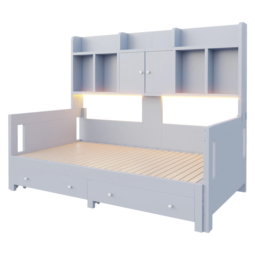 Letto estraibile in legno grigio con cassetti vani contenitore prese integrate e illuminazione LED