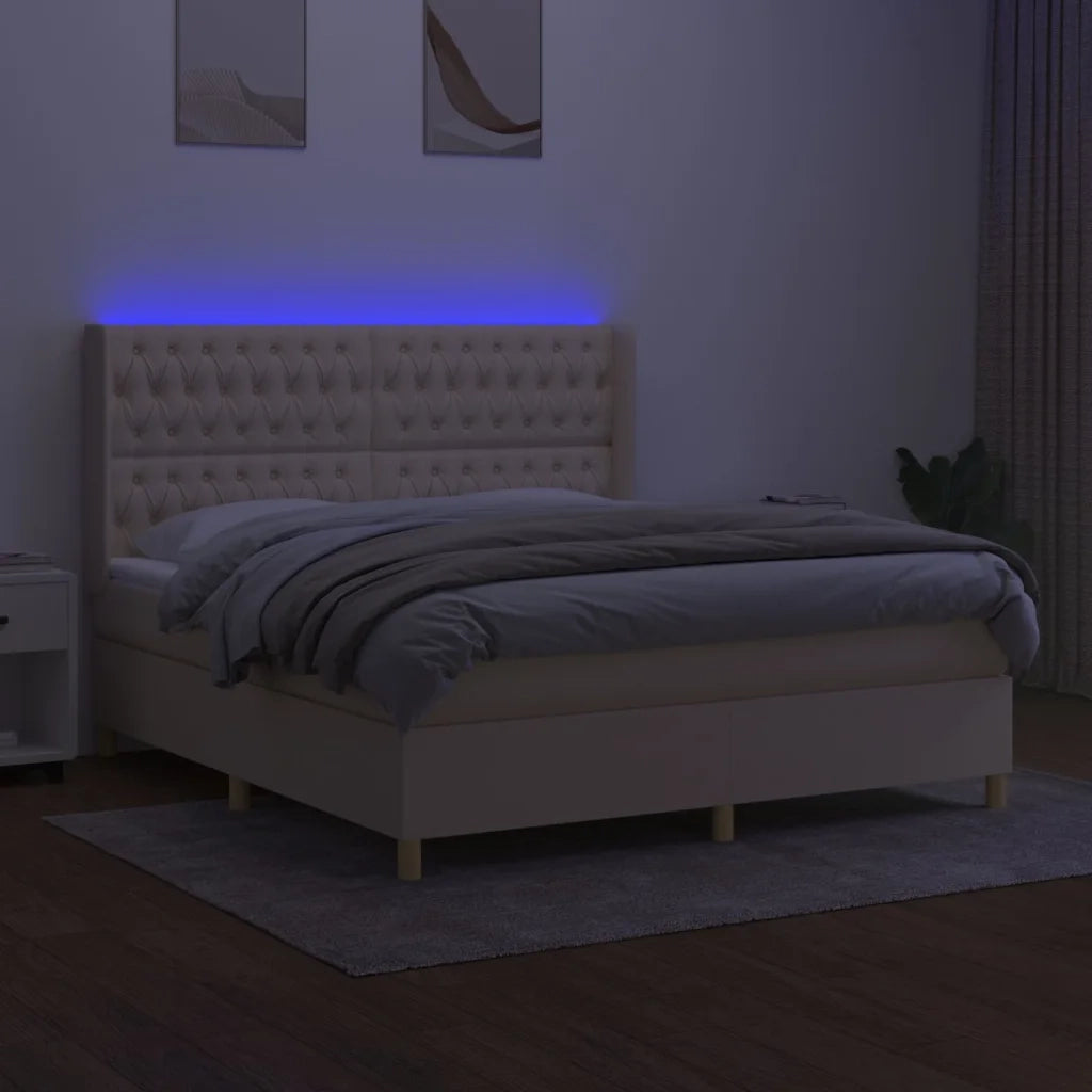 Letto a Molle con Materasso e LED Crema 160x200 cm in Tessuto