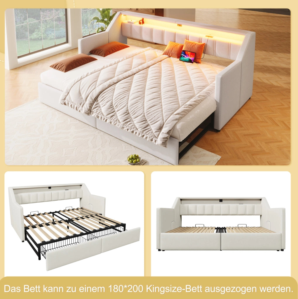 Letto daybed multifunzionale 90 x 200 cm con USB, Type-C, LED e 2 cassetti beige