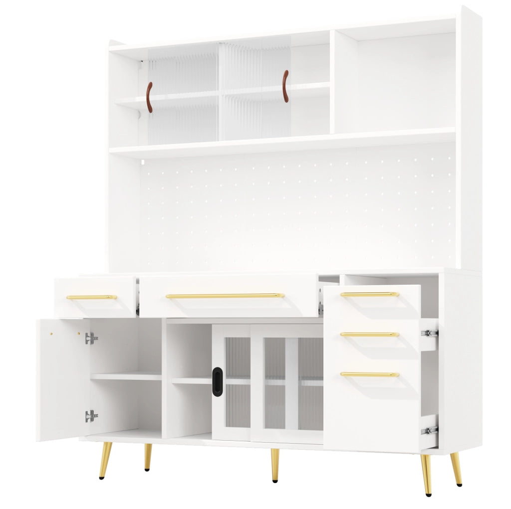 Sideboard moderno con LED, armadio alto per cucina e soggiorno con pannello forato, cassetti e porta in vetro, bianco, 145x39x171 cm
