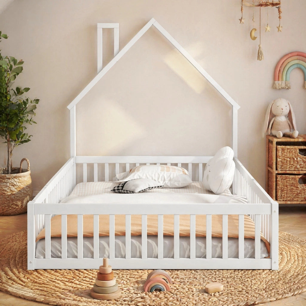 Letto per bambini 140x200 cm con design a camino, sponde di sicurezza e rete a doghe