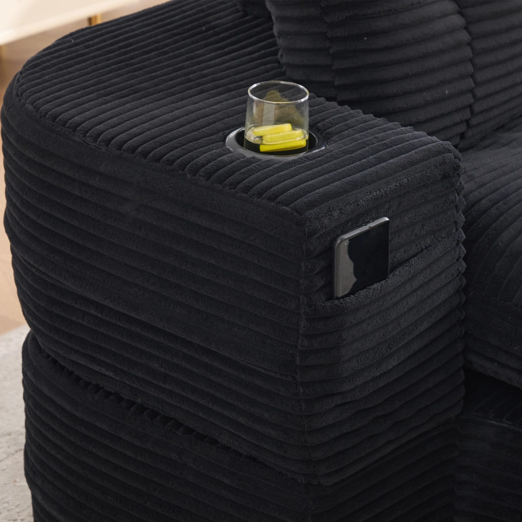 Poltrona letto 2 in 1 con braccioli rimovibili; portabevande e tasche laterali; velluto a coste nero