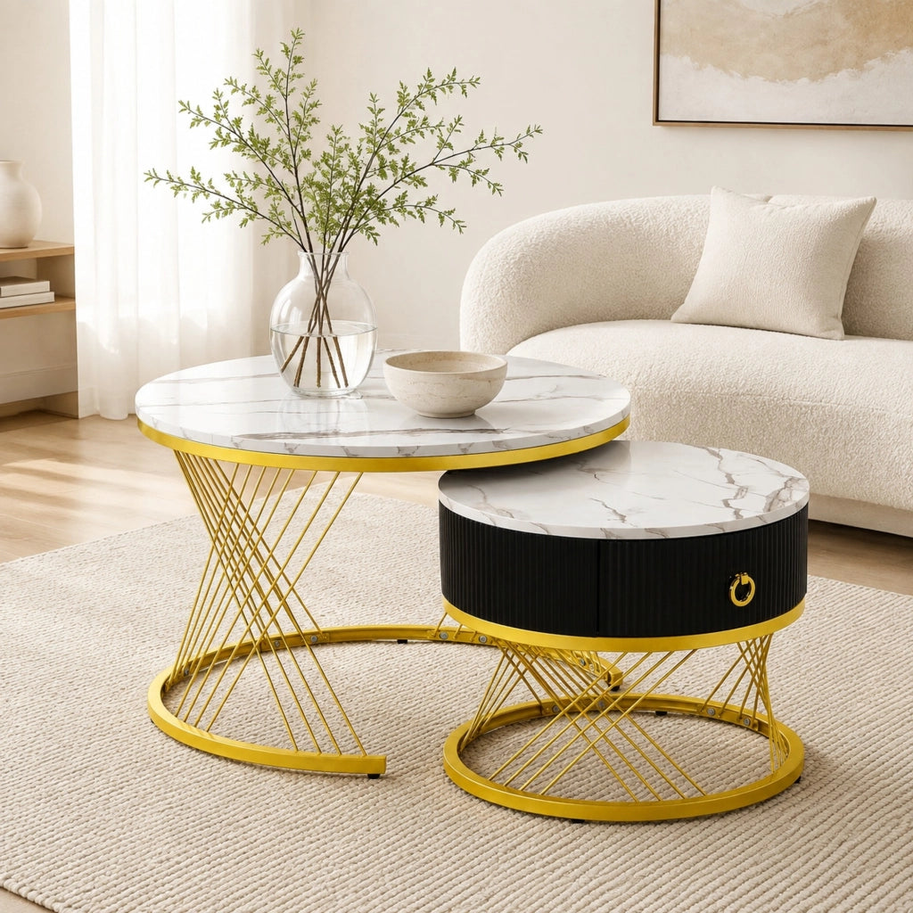 Set di 2 tavolini da caff¨¨ ad incastro in MDF bianco e oro con cassetto