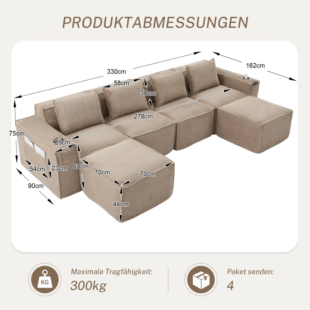 Divano modulare a 4 posti in velluto a coste kaki con 2 pouf portabevande e tasche laterali 330 × 162 × 75 cm