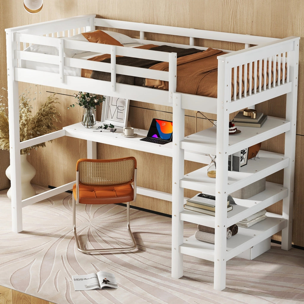 Hochbett 90x200 cm con scrivania e ripiani; in pino e MDF; bianco