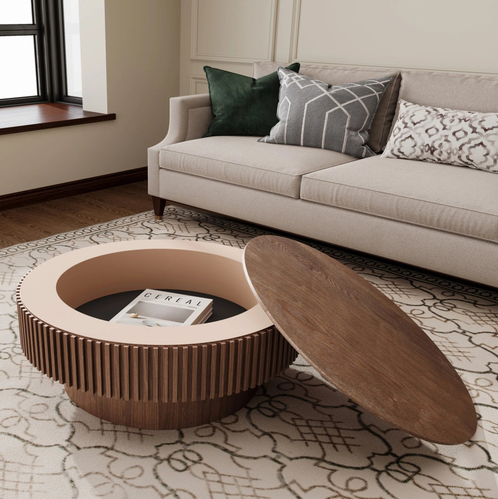 Tavolino rotondo 75 cm con contenitore, MDF e impiallacciatura in noce, moderno