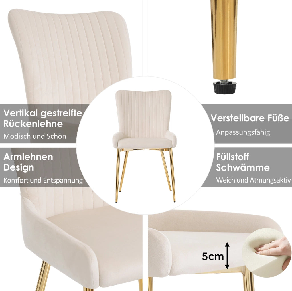 Set 4 sedie da pranzo in velluto beige con gambe in metallo dorato
