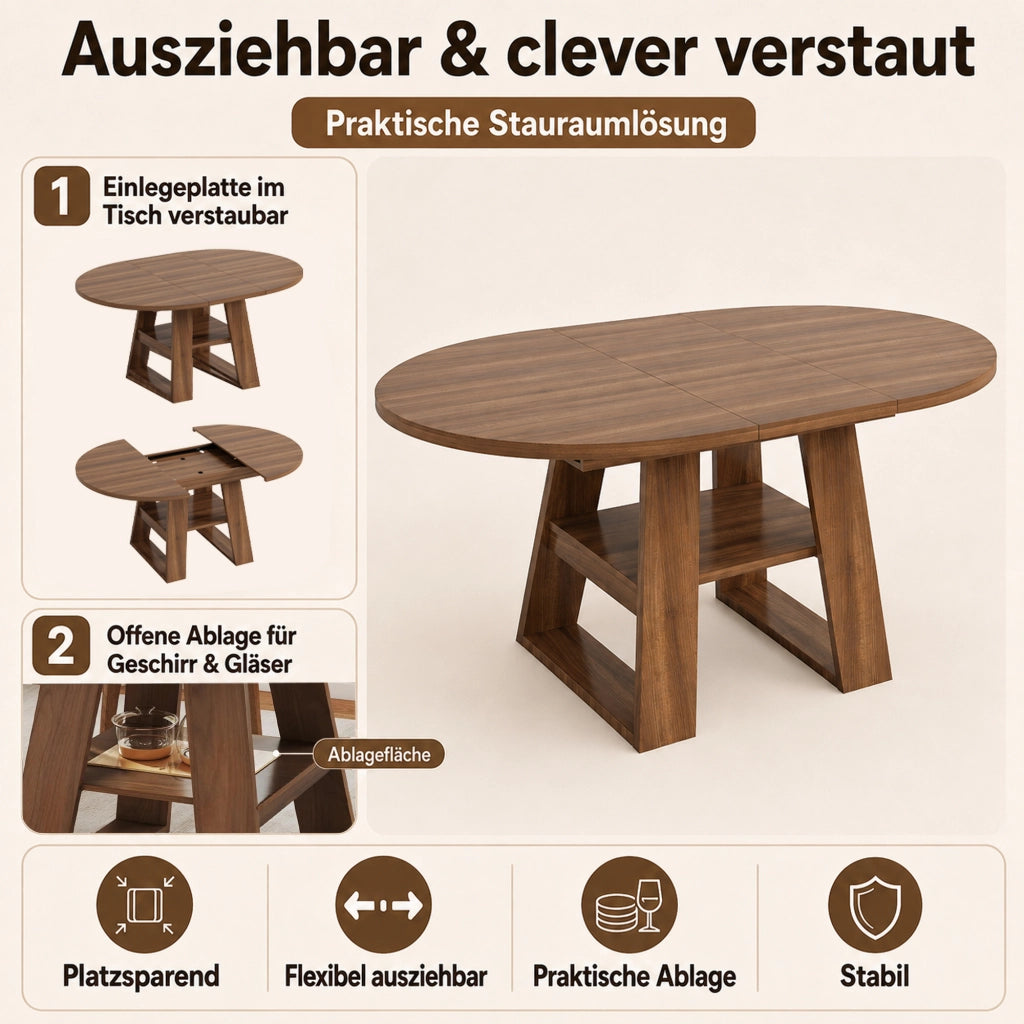 Tavolo da Pranzo Rotondo/Ovale Allungabile Ø110/150x110 cm con Ripiano LEMONMAX; 4-6 Posti; Allunga Integrata; Effetto Noce; MDF