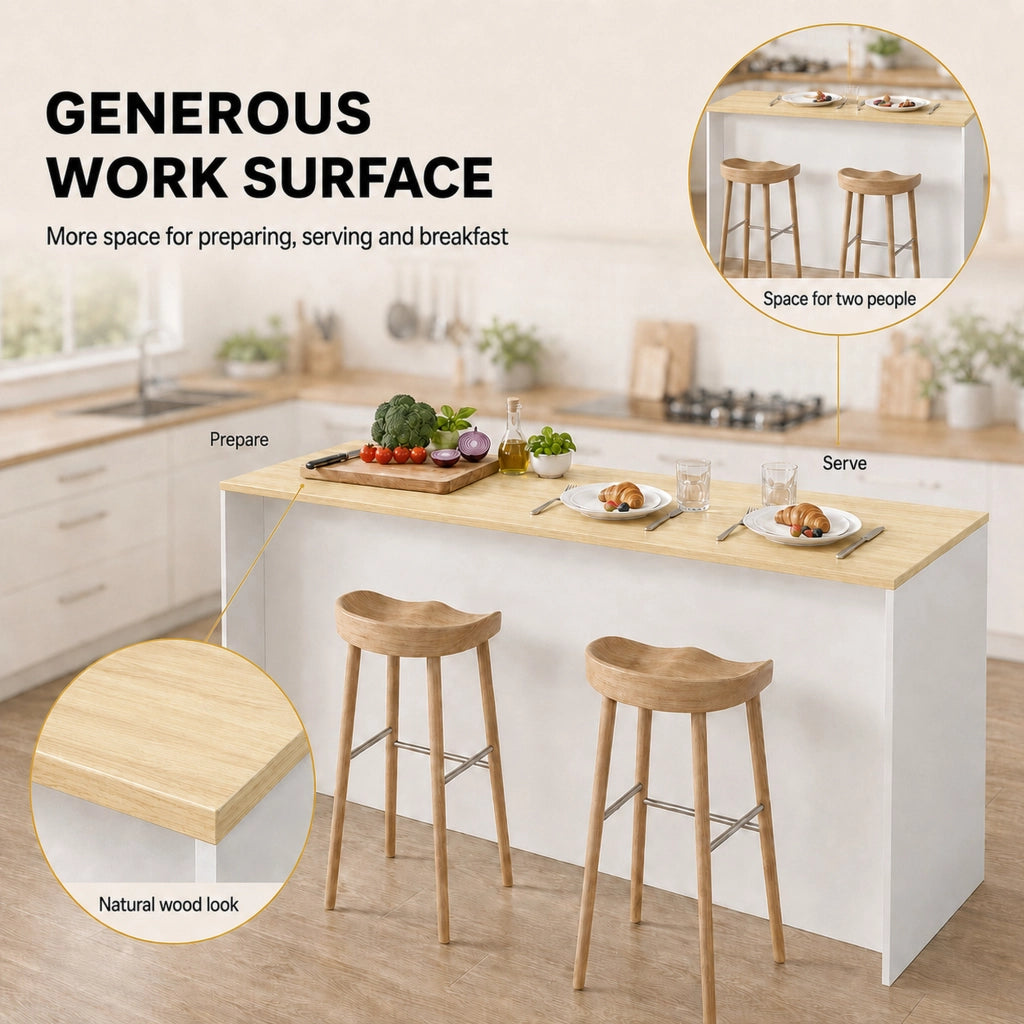Isola da cucina con LED; ante trasparenti; 2 cassetti e ripiani regolabili bianca in MDF 135 × 55 × 91 cm