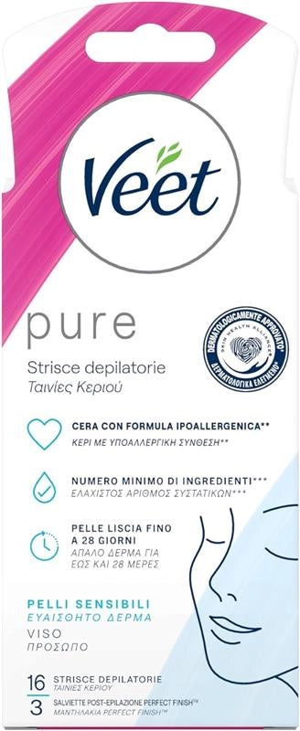 VEET PURE STRISCE DEPILATORIE VISO IPOALLERGENICHE CERETTA BAFFETTI E VISO DERMATOLOGICAMENTE TESTATE 16 STRISCE