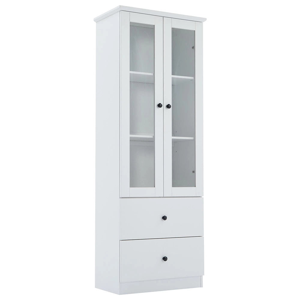 Vetrina moderna LED - Xylo - 165 cm - Bianco opaco - USB, telecomando 16 colori, vetro, 2 cassetti, ripiani regolabili, ante battenti