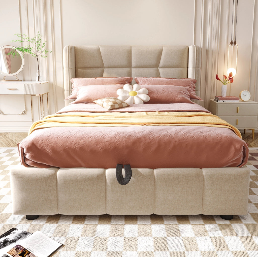 Letto imbottito con contenitore 90 x 200 cm beige