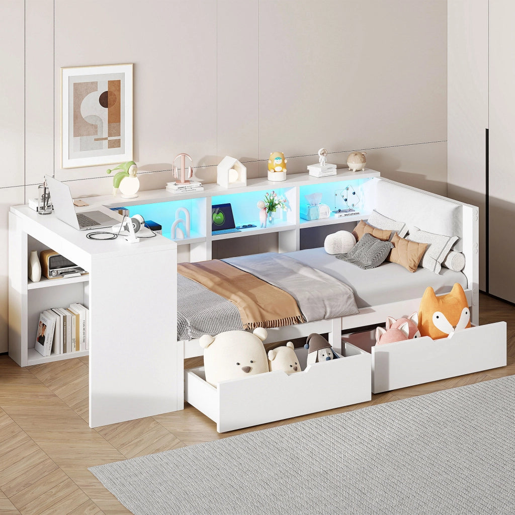 Letto Contenitore Imbottito 90x200 cm con Cassetti; LED; USB; Bianco