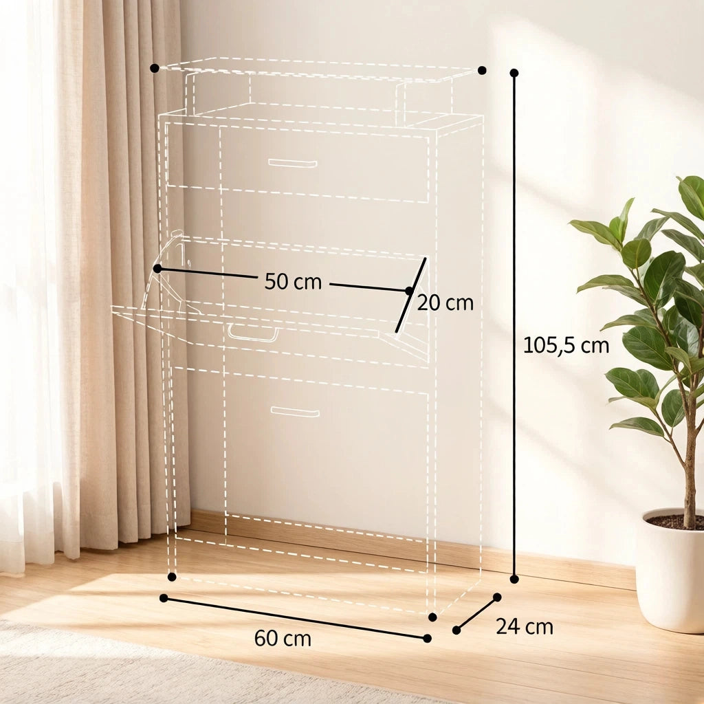 Scarpiera a 2 ante basculanti con divisori regolabili e ripiano in vetro; truciolare E1. bianco e rovere chiaro; 60 × 24 × 105.5 cm