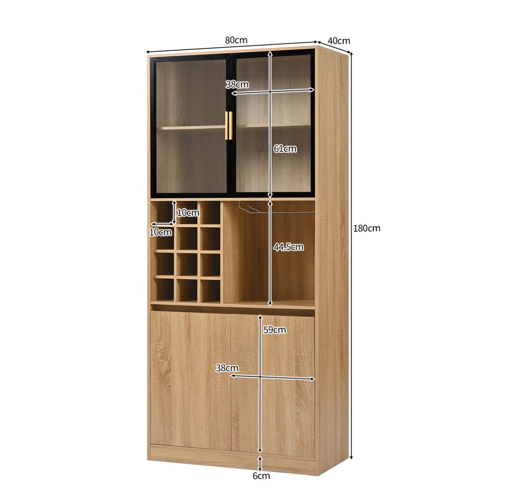 Vetrina 180 cm con ante in vetro; illuminazione LED e portabicchieri rimovibile; naturale