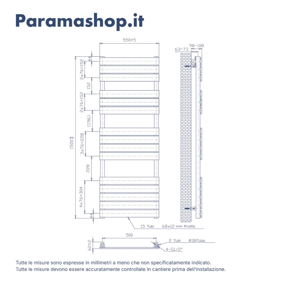 Termoarredo idraulico 1550x550 oro rosa interasse 500 | Andromeda
