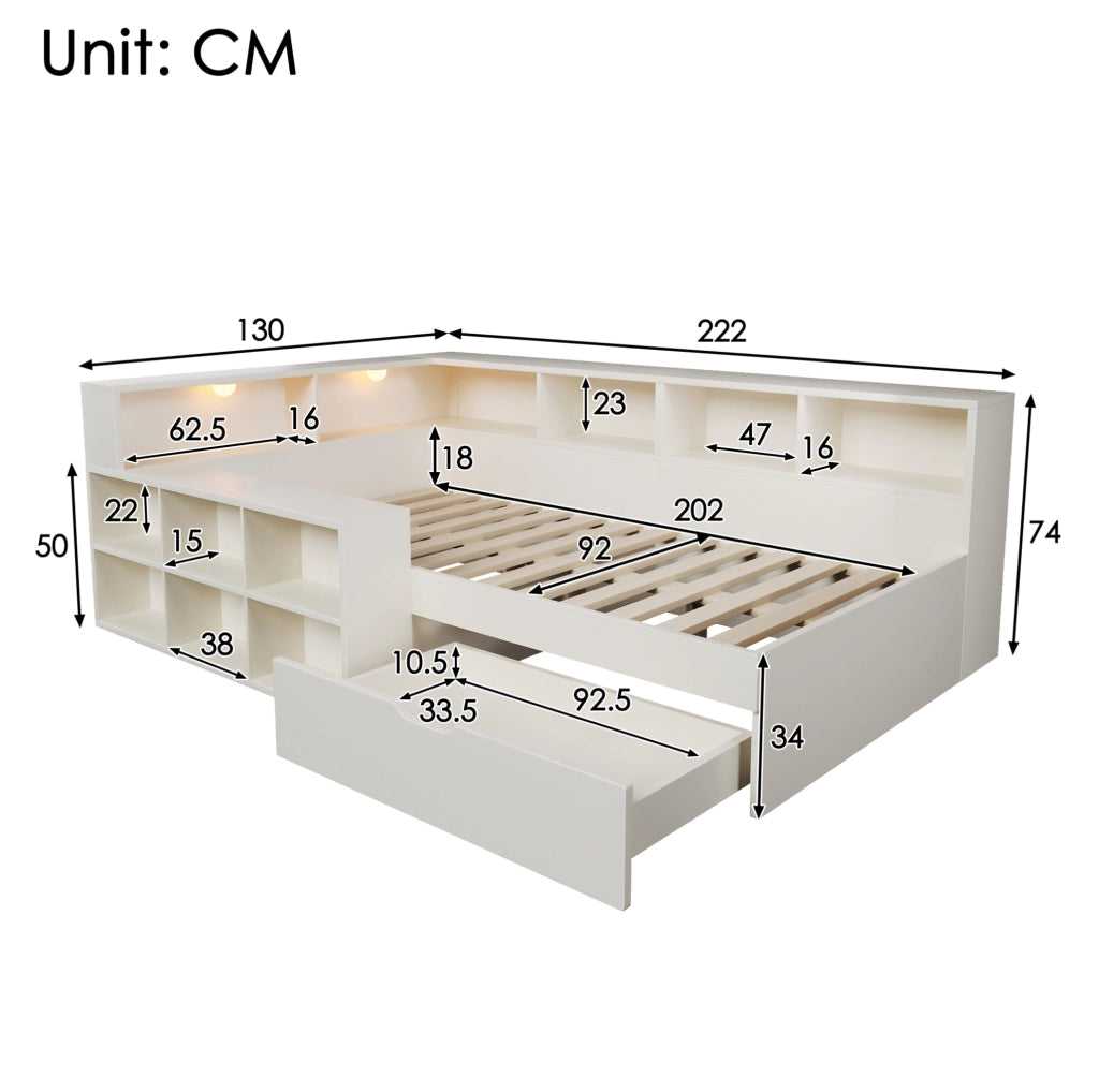 Letto singolo 90x200 cm in legno bianco con contenitore; prese USB e luci integrate