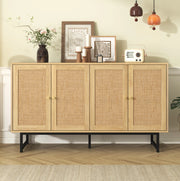 Sideboard 140x39,5x80 cm in effetto legno con intreccio in vero rattan e 4 porte