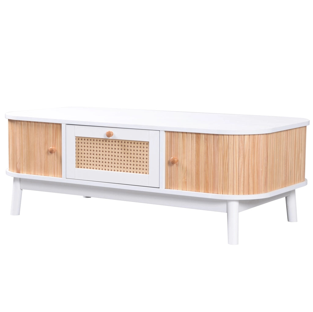 Tavolino da caffè in rattan con ante in legno massello, 110x55x38,5 cm, bianco e legno naturale