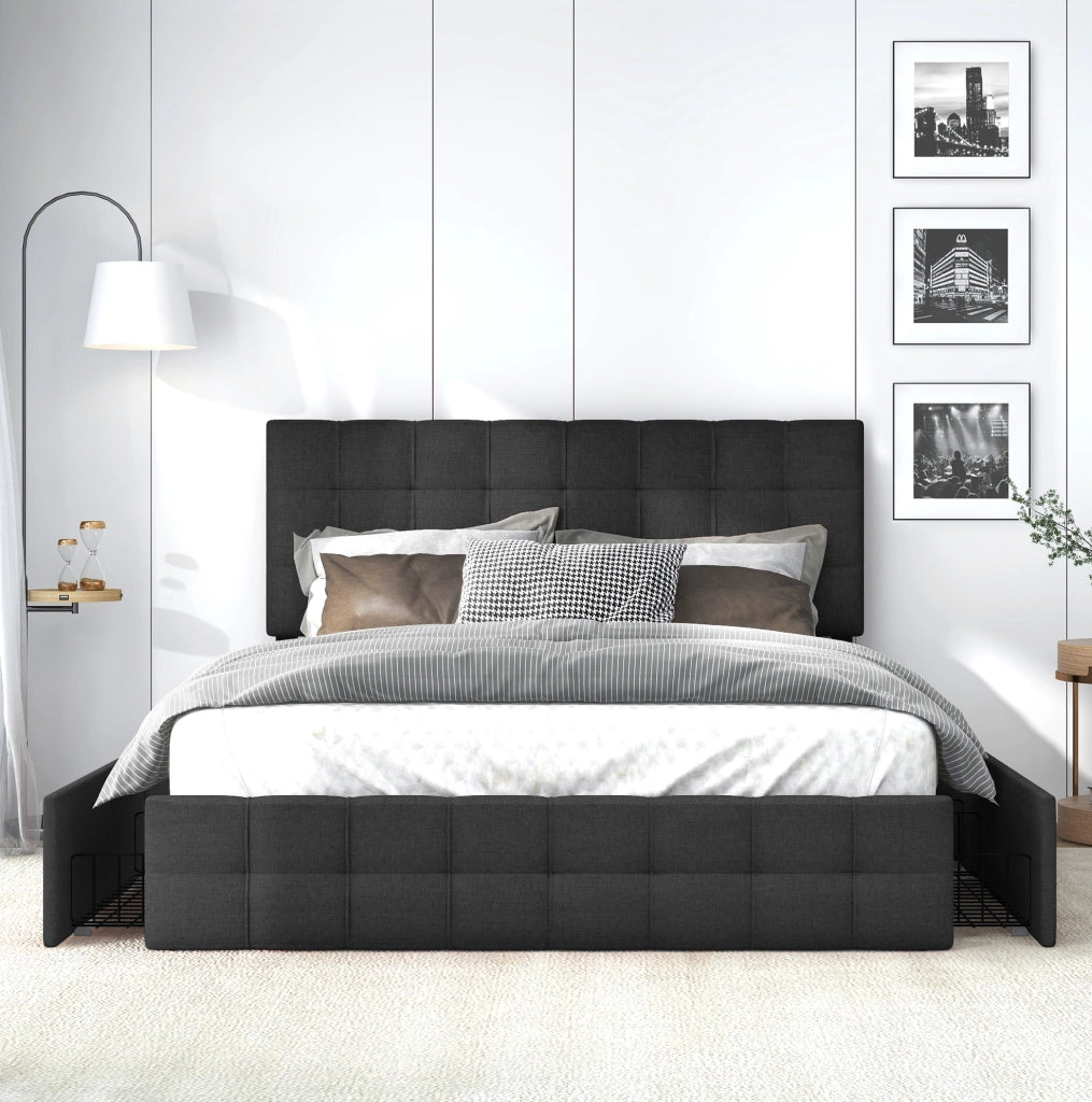 Letto imbottito 140x200 cm con 4 cassetti e testiera regolabile in lino nero