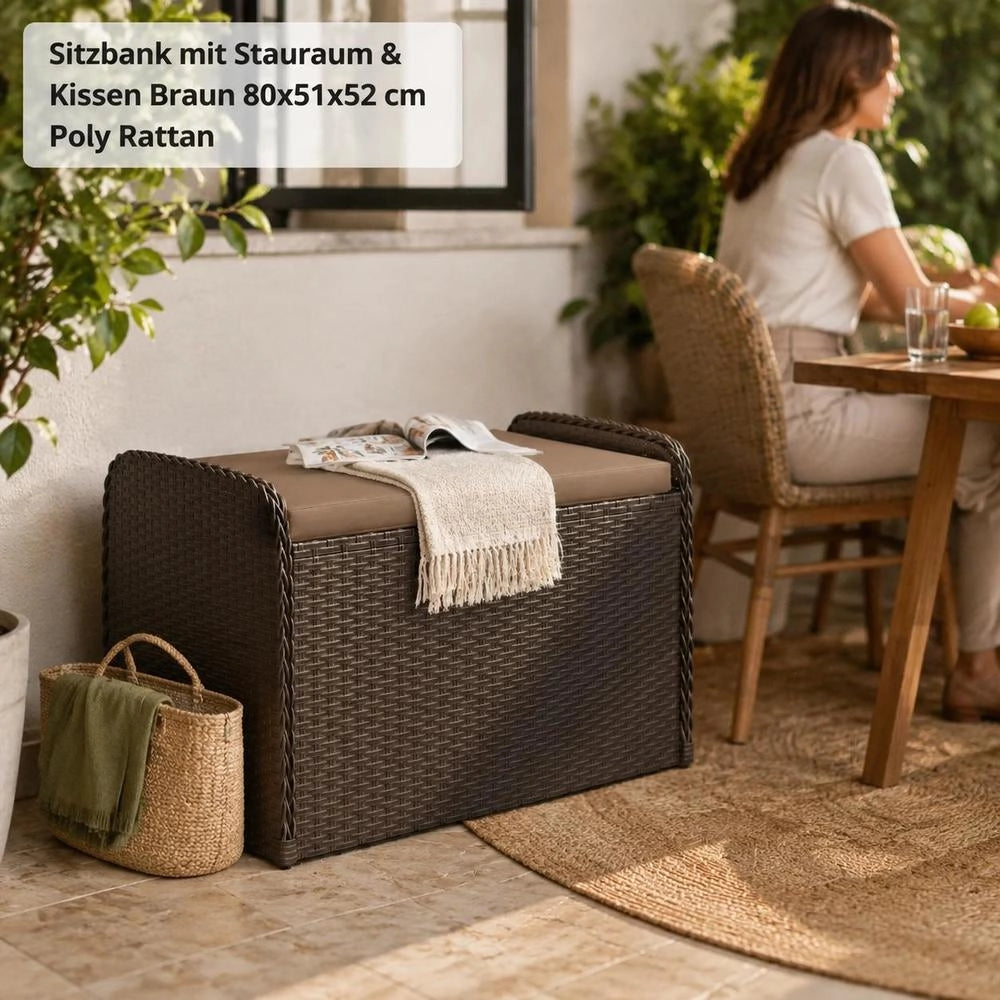 Storage Bench & Cushion, Brown, 80x51x52 Cm, Poly Rattan