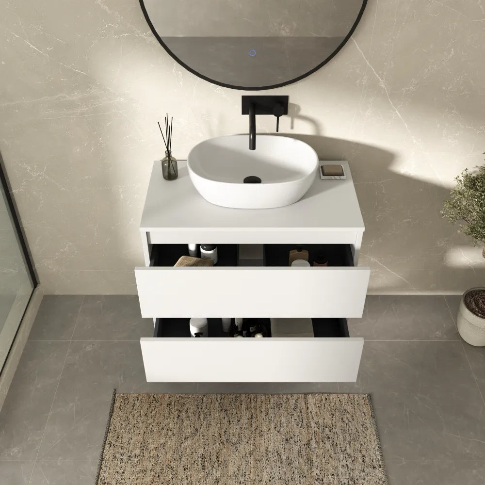 Mobile bagno sospeso 100cm due cassetti bianco opaco con top | Hexa