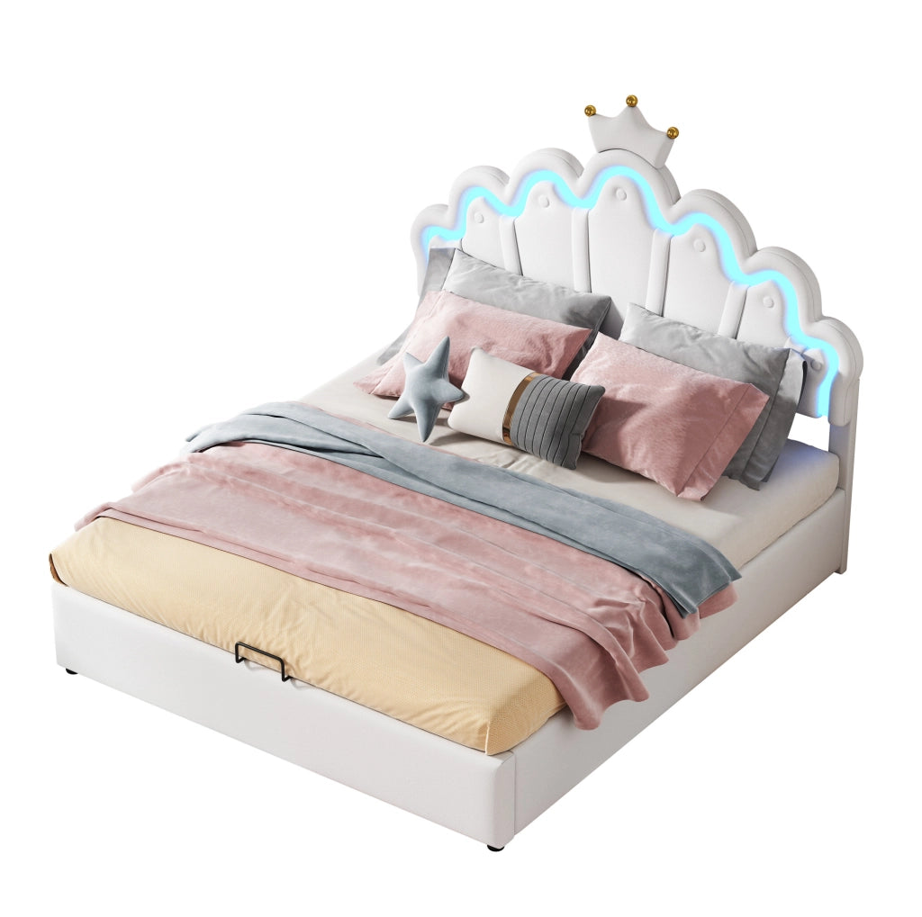 Letto imbottito 140x200 cm con contenitore e LED, testiera a nuvola con corona, PU bianco