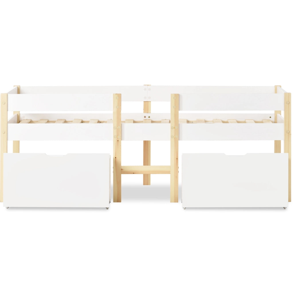 Letto semi-alto per bambini in pino massello; 90x190 cm; bianco; con scala e 2 cassetti
