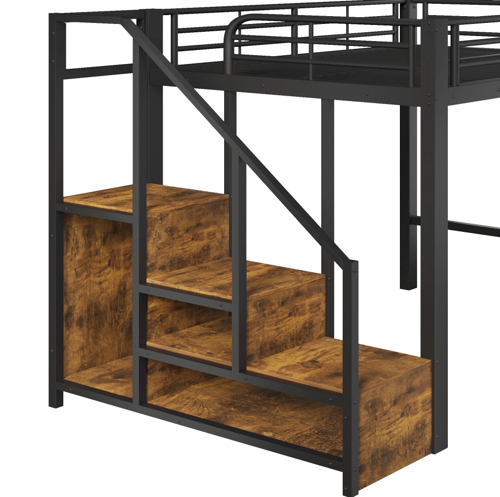Letto a soppalco 140x200 cm con scale contenitore; cassettiera e appendiabiti nero HOMVRA