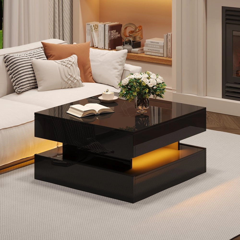 Tavolino da Salotto con LED e 2 Cassetti ¨C MINIMAL ¨C Nero Lucido 65x65x38.5
