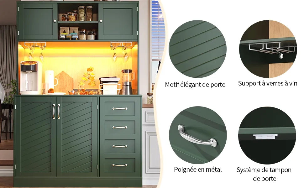 Mobile contenitore 120x40x188 cm, 4 ante e 2 grandi cassetti, illuminazione LED, ripiano snack e portabottiglie, verde/nero/bianco